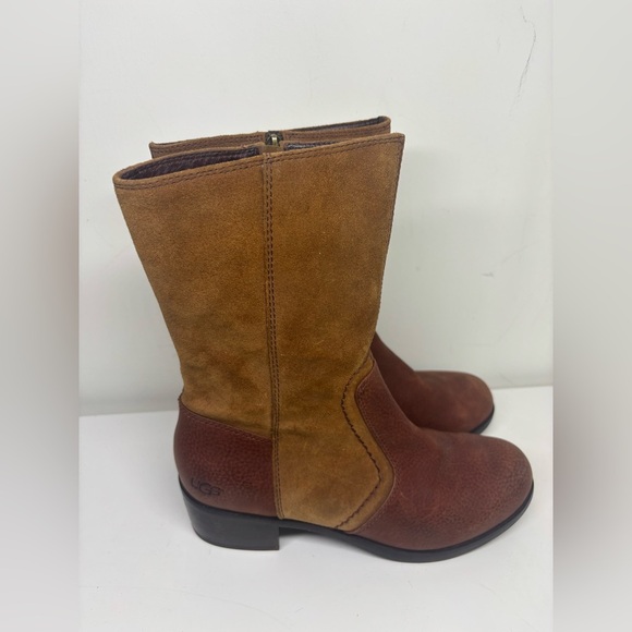 UGG Lou Two Toned Leather Round Toe Zip Up Flat Tall Boots Brown Auburn 8 - Picture 3 of 5